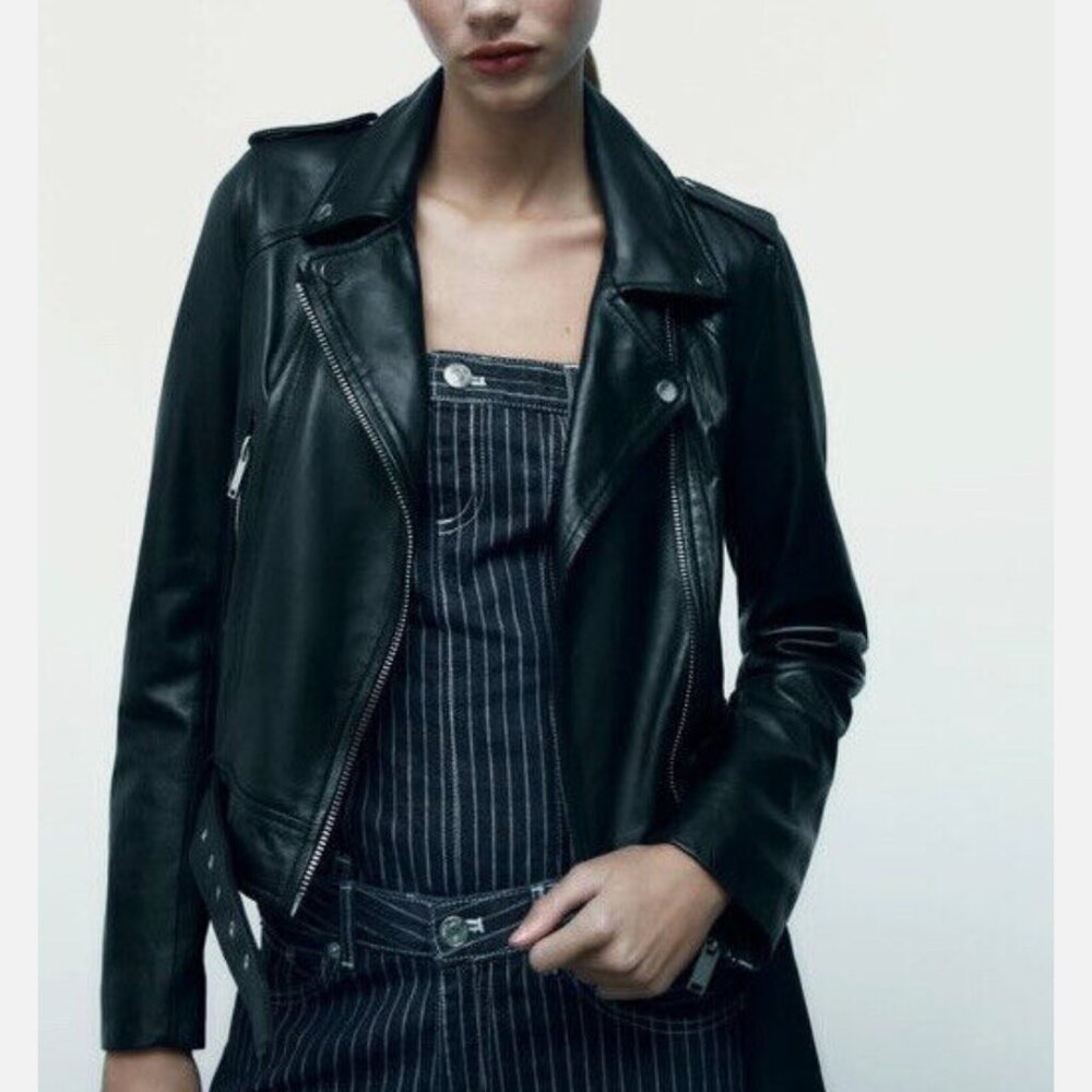 ZARA 100% Lambskin Leather Biker Jacket Size S 🖤 - Picture 12 of 16